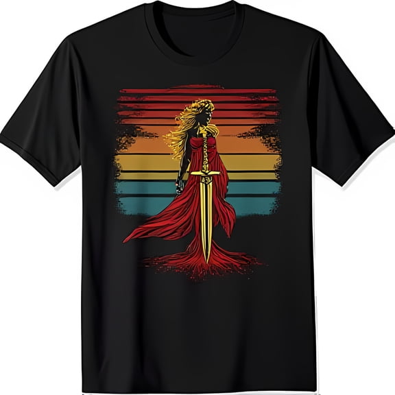 Empowering WoMen's Red Dress Graphic Tee Confident Woman with at Sunset