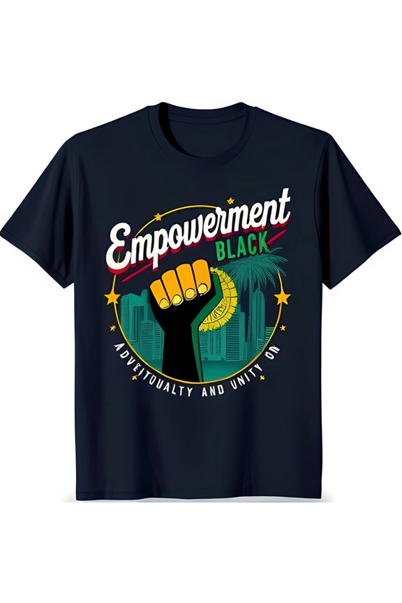 Empowerment Black Retro Graphic T-Shirt with Fist Cityscapes