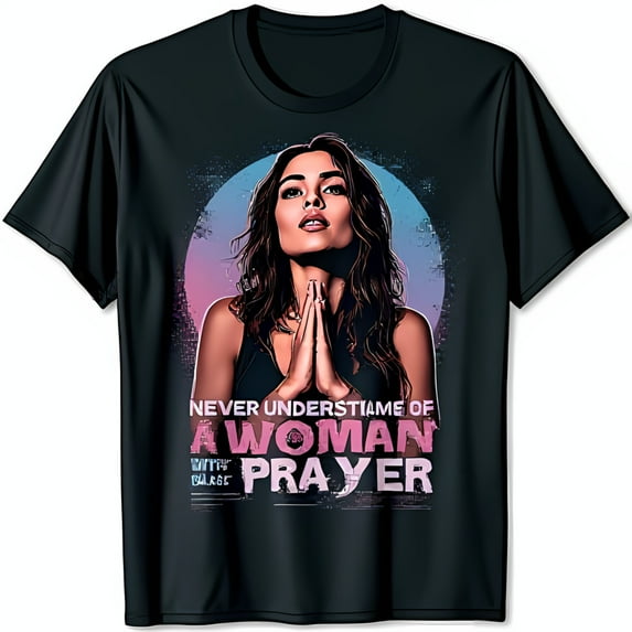 Empowerment Graphic Black T-Shirt: Woman in Prayer Design for Strength & Resilience