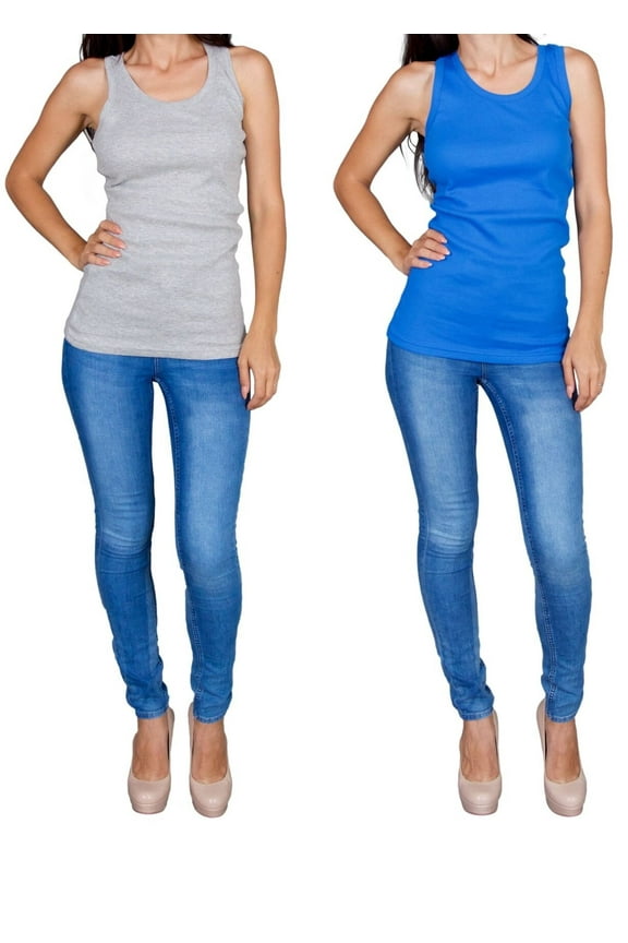 Tank Tops for Women 2-Pack Ribbed Racerback Tanks - Grey/Blue - Large