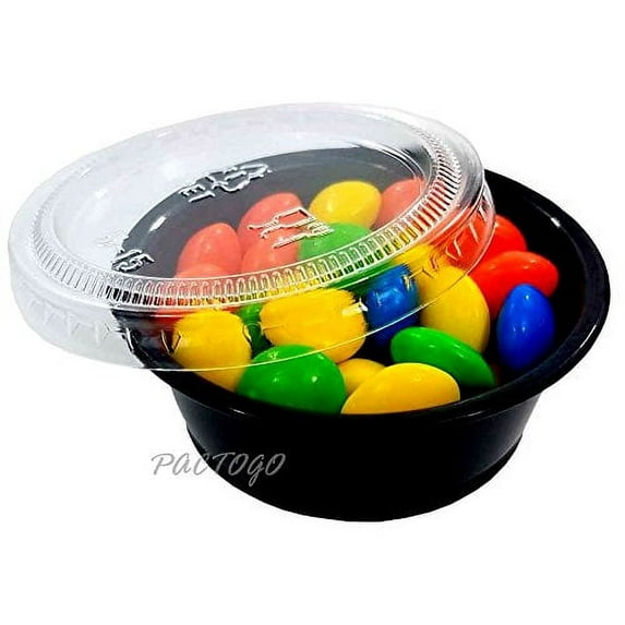 Empress 1.5 oz. BLACK Plastic Disposable Portion Souffle Container Food Cups with Lids (Pack of 100 Sets)