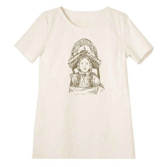 Empress Dowager Cixi Print Linen Short Sleeves Vintage Mini Shift Dress WDS_06 8