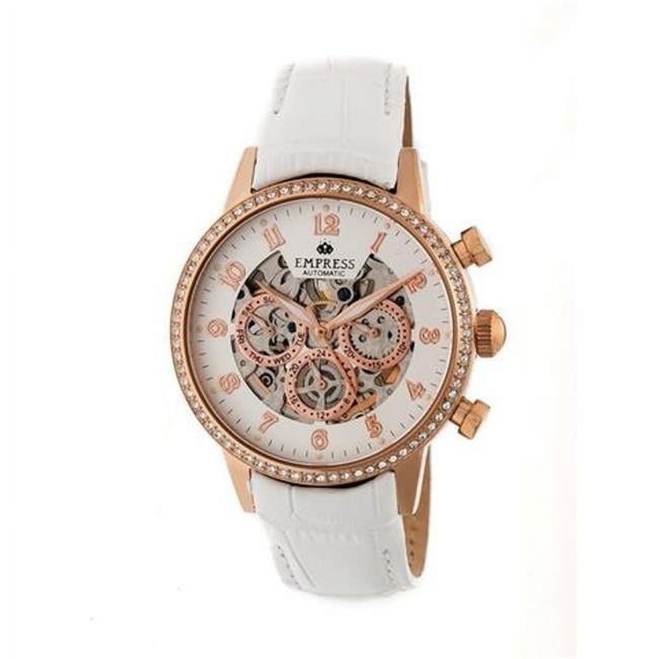 Empress EMPEM2005 Beatrice Womens Automatic Skeleton Dial Leather Band Watch with Day & Date - Rose Gold & White