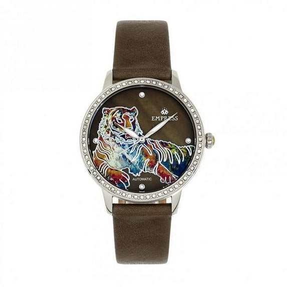 Empress EMPEM3001 Diana Automatic Engraved MOP Leather Band Watch for Women, Olive