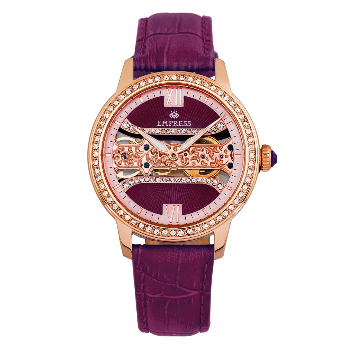 Empress Rania Mechanical Semi-Skeleton Leather-Band Watch 