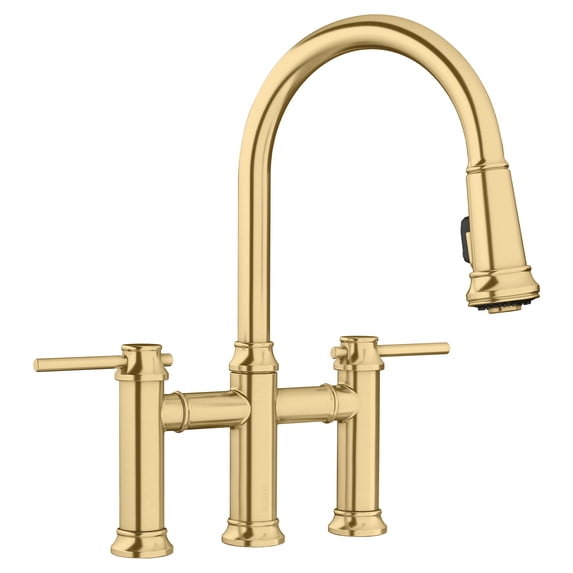 Empressa Double Handle Gooseneck Bridge Kitchen Faucet with Pull-Down Sprayer, Satin Gold