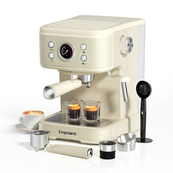 Empstorm 20 Bar Espresso Machine with Milk Frother Steam Wand, 3-in-1 Coffee Maker, Compatible with NS Pods, Stainless Steel, for Latte & Cappuccino, Beige