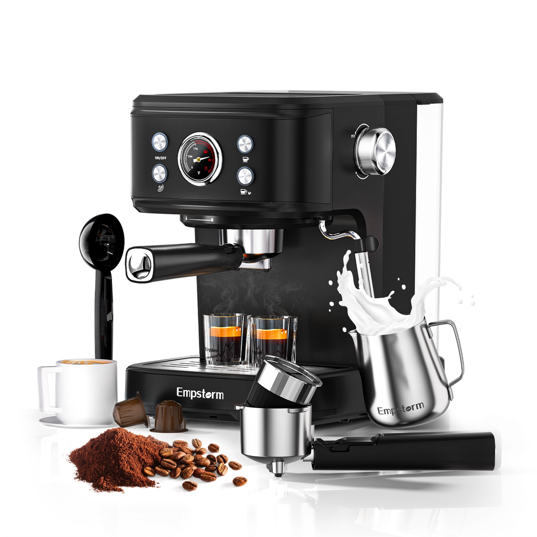 Empstorm 20 Bar Espresso Machine with Milk Frother Steam Wand, 3-in-1 Coffee Maker, Compatible with NS Capsules, Stainless Steel, for Latte & Cappuccino, Black