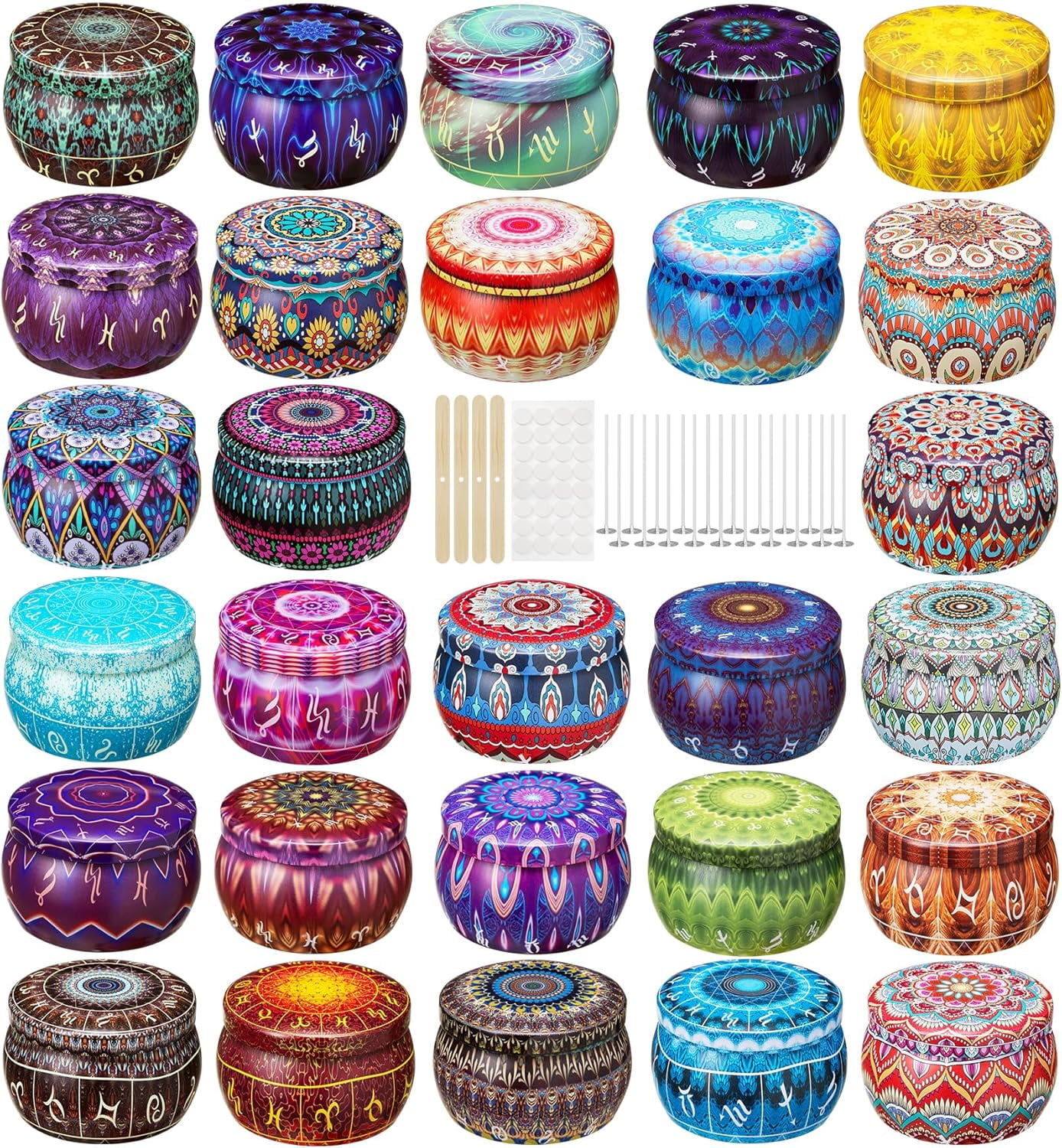 Empty 3 oz Candle Tins Candle Jars 28 Pcs 28 Patterns, Candle Making Kits, with Wicks, Wick Holders & Stickers