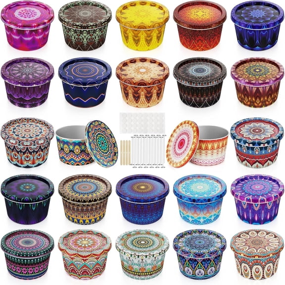 Empty Candle Tins for Making Candles, 24 Pack 2.2 oz Metal Containers, Travel-Friendly Rust-Proof Tins with Lids (24 Patterns Jars)