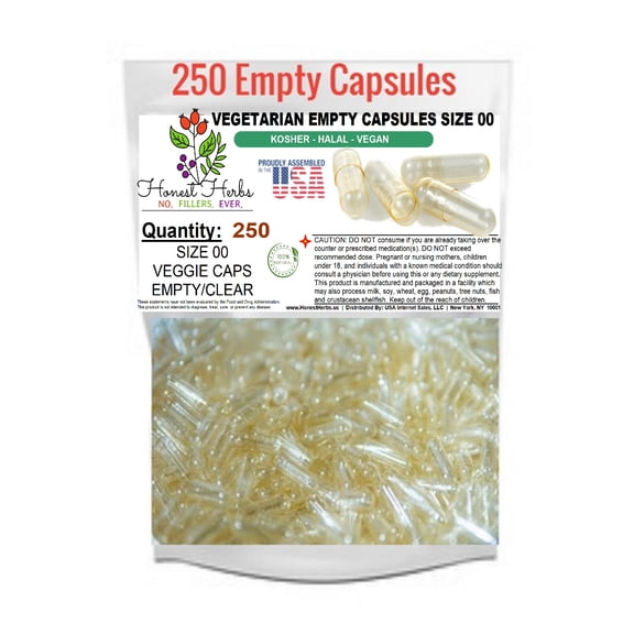 Empty Caps - Vegan - Vegetarian - Kosher & Halal - Size 00 - Clear - High Quality - 250 pcs.