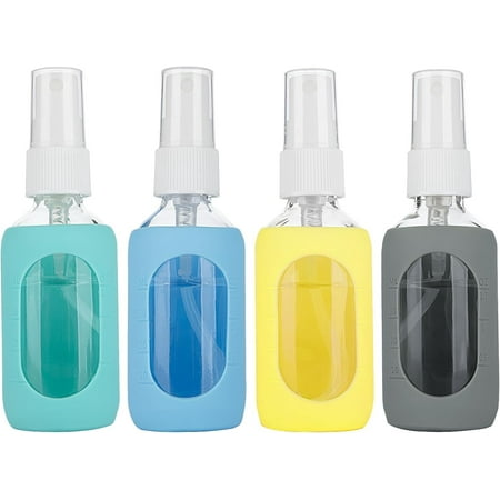 Empty Clear Glass 2oz Small Spray Bottles with Silicone Sleeve Protection - Refillable Containers for Travel, Cleaning Solutions, Essential Oils, Sanitizers - Fine Mist Spray - 4 Pack-Clear