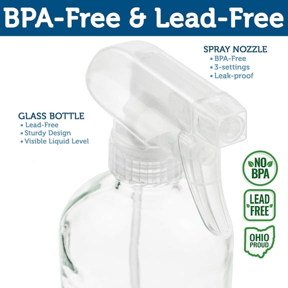 Empty Clear Glass Spray Bottles - Refillable 16 oz Containers for Essential Oils, Cleaning Products, Aromatherapy, Misting Plants, or Cooking - Sprayer with Mist and Stream - 2 Pack