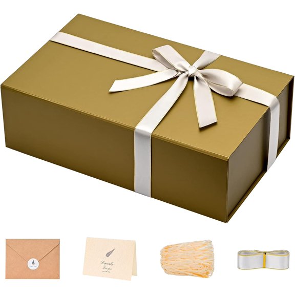 Empty Gift Boxes 1 Pack 13.85 x 8.35 4.45 inch Rectangle Collapsible Box with Magnetic Lid and Ribbon,Card,Shredded Paper Filler