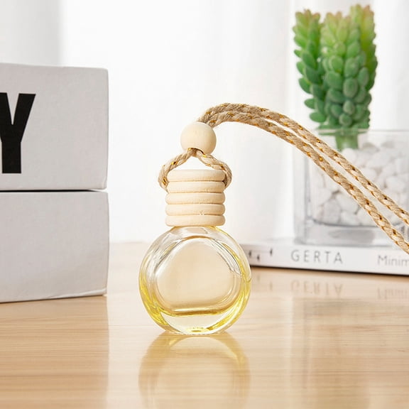 Empty Glass Perfume Bottle Pendants with Wood Cap Aromatherapy Fragrance Essential Oil Diffuser Bottle Car Hanging Decor Light Yellow 5x3.5cm Capacity: 10ml(0.34fl. oz)