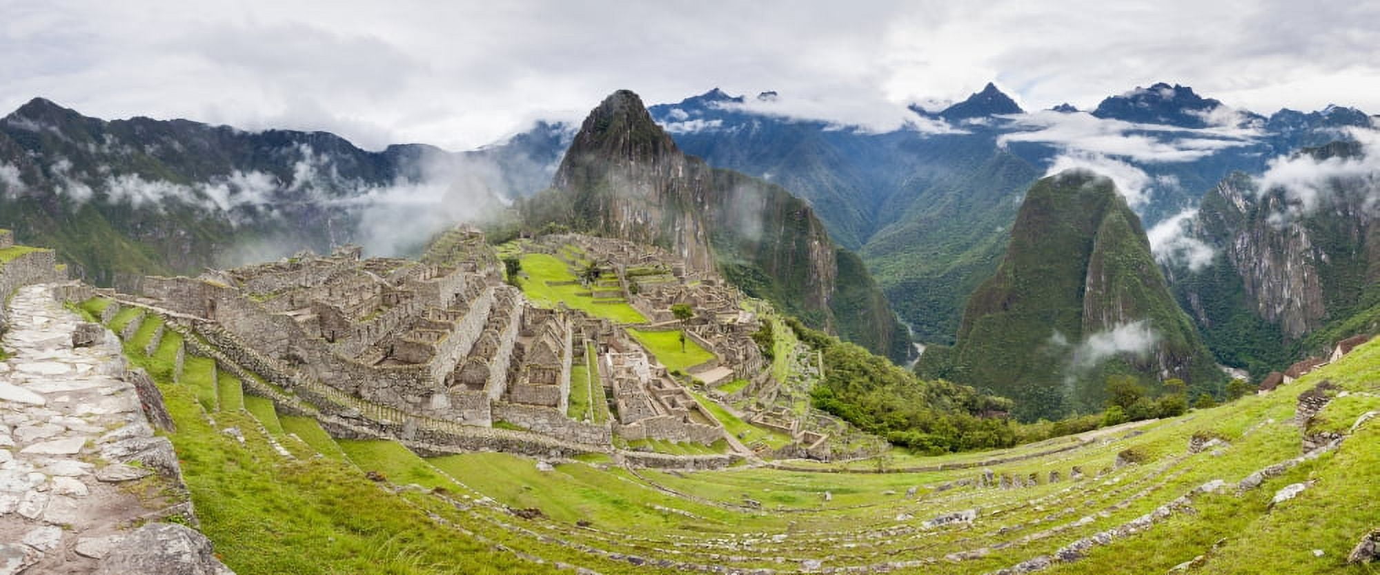 Empty Machu Picchu complex early on a foggy morning before it is crowded with tourists Machu Picchu Peru south America Canvas Art - Panoramic Images (27 x 9)