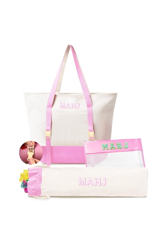 Empty Mahjong Tile Bags Set for American Tiles and Racks,Canvas Tote Bag with Mat Holder Accessories Organizer,Portable Mahjong Case Drawstring Protective Sleeve for Rack Pushers,Pink