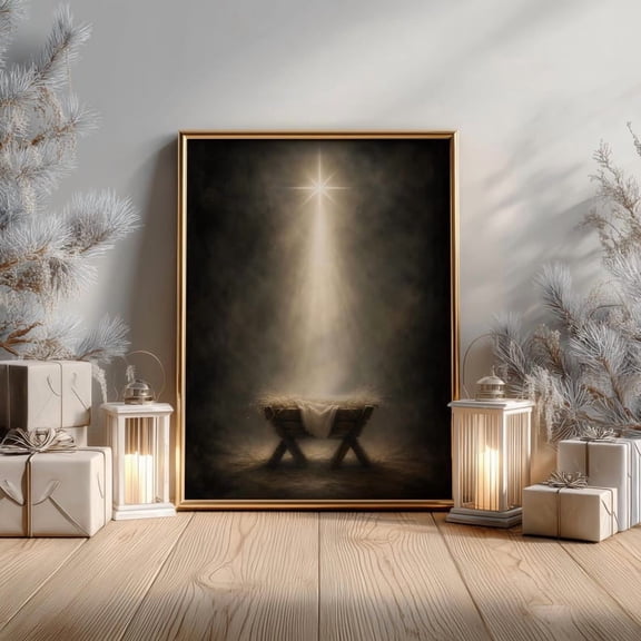 Empty Manger and Star of Bethlehem Print | Moody Nativity Poster | Religious Holiday Decor | Christian Christmas Wall Art