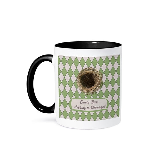 3drose, Empty Nest Looking to Downsize? Empty Bird Nest, Diamond Green Design, 11oz Two-tone Black Mug
