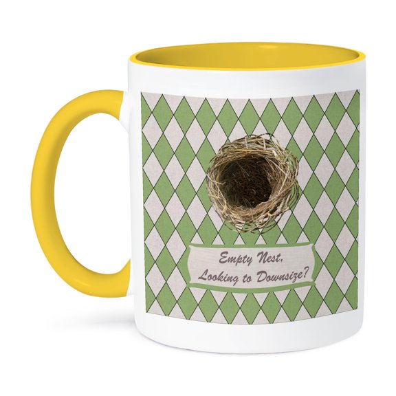 3drose, Empty Nest Looking to Downsize? Empty Bird Nest, Diamond Green Design, 11oz Two-tone Yellow Mug