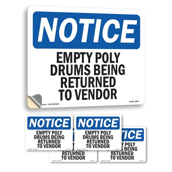 Empty Poly Drums Being Returned To Vendor OSHA Notice Vinyl Decal Label 7 Inch x 5 Inch - 5 Pack