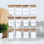 Empty Spice Jars with Label Pack 12x Bamboo Lid Glass Jar. Small 8oz Spice Storage Bottles with 72 Printed Spice Stickers and 20 Writable Pantry Labels for Seasoning Containers