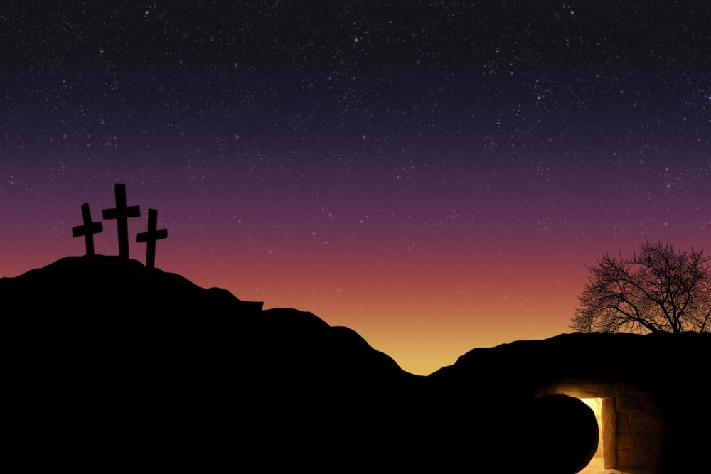 Empty Tomb And Three Crosses Canvas Art - Colette Scharf Design Pics (17 x 11)