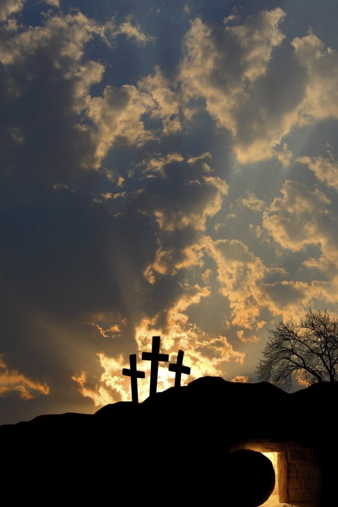 Empty Tomb And Three Crosses Canvas Art - Colette Scharf Design Pics (22 x 34)