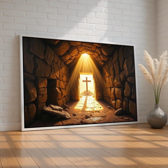 Empty Tomb And Cross Canvas He Is Risen Christian Wall Art Resurrection Morning Light Print Easter Home Decor Ready To Hang, Stretched Canvas Size 12x18