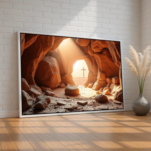 Empty Tomb With Cross | Christian Easter Wall Art | He Is Risen Canvas Print | Religious Resurrection Decor | Bible Art | Ready To Hang, Stretched Canvas Size 16x24