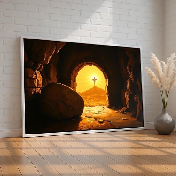 Empty Tomb With Cross Sunrise Canvas | Resurrection Wall Art | Christian Easter Morning Scene | Symbol Of Hope & Salvation | Ready To Hang, Stretched Canvas Size 12x18