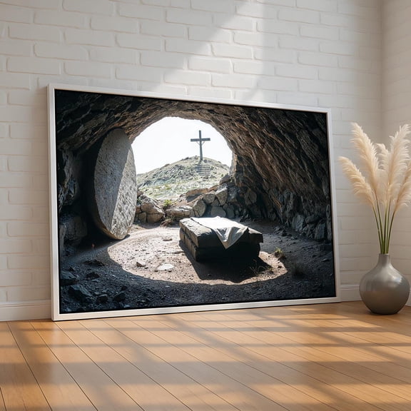Empty Tomb And Cross Wall Art | Christian Easter Resurrection Canvas Print | Faithful Biblical Scene Decor | Inspirational Gift, Stretched Canvas Size 8x12