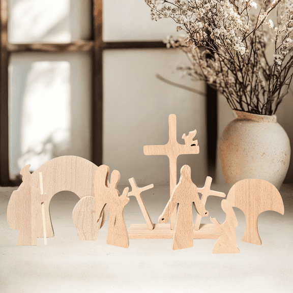 Empty Tomb Easter Scene and Christian Cross Decoration, Wood Easter Resurrection Scene for Tray, Jesus Nativity Scene Decor for Religious Decorations, Home Office Tabletop, Shelf Decor