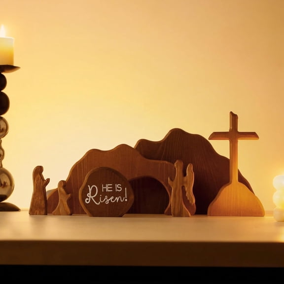 The Empty Tomb Easter Scene, Christian Cross Decorations, Wooden Nativity Set, Decorations Religious Jesus Tomb Easter Kit Display for Home, Tabletop, Office, Gift