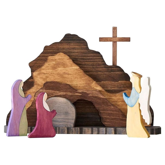 Empty Tomb Easter Scene for Christian Decoration, Wooden Easter Resurrection Scene with Cross for Religious Display, Nativity Jesus Tomb Set for Home Office Tabletop Tray, Shelf Decor
