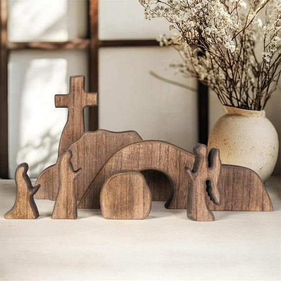 Empty Tomb Easter Scene & Cross Decor, Wooden Easter Resurrection Scene Cross Jesus Tomb Tray Set, Jesus Nativity Scene Decor for Religious Home Office Tabletop Christian Gift, Easter Basket Stuffers