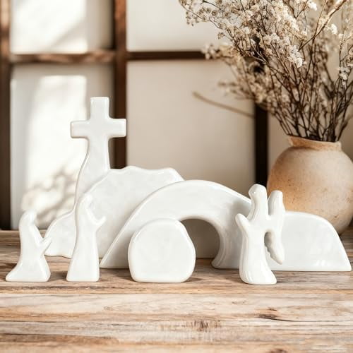 Empty Tomb Easter Scene and Cross Decoration, Ceramic Resurrection Scene Cross Jesus Tomb Decor, Christmas Decoration Jesus Nativity Scene for Religious Home Office Tabletop Christian Gifts