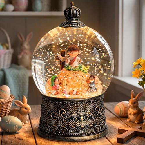 Empty Tomb Easter Scene and Cross Decoration Easter Snow Globe Easter Decorations for Home Music Christian Gifts with 6H Timer USB/Battery Powered 105mm Globe