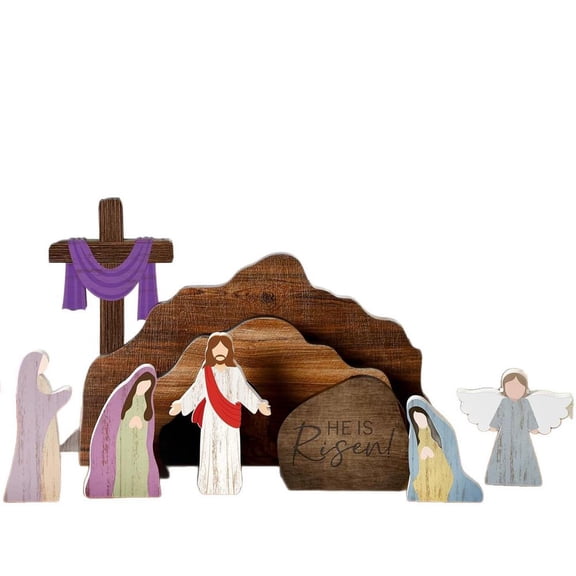 Empty Tomb Easter Scene Cross Decoration, Empty Tomb Resurrection Scene Christian Cross Decor, Wooden Resurrection Tabletop Decor Set for Religious Home, Office, Shelf & Farmhouse Display