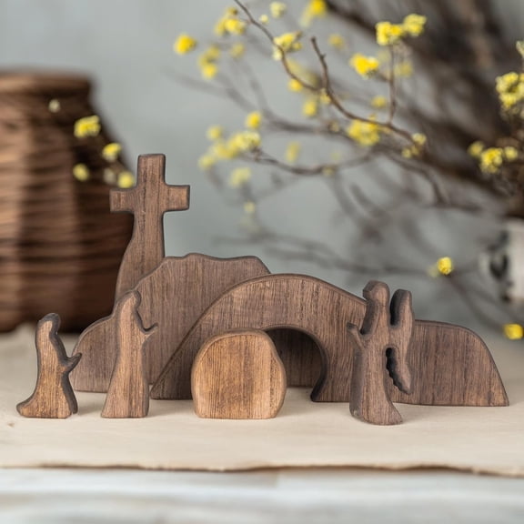 Empty Tomb Easter Scene and Cross Decoration, Wooden Easter Resurrection Scene Cross Jesus Tomb Tray Set, Jesus Nativity Scene Decor for Religious Home Office Tabletop Christian Gifts