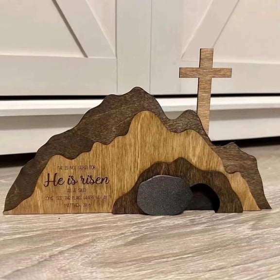 Empty Tomb Easter Scene Wooden Decoration, Christian Resurrection Table Decor, He Is Risen Religious Tiered Tray Decor for Easter Home Display
