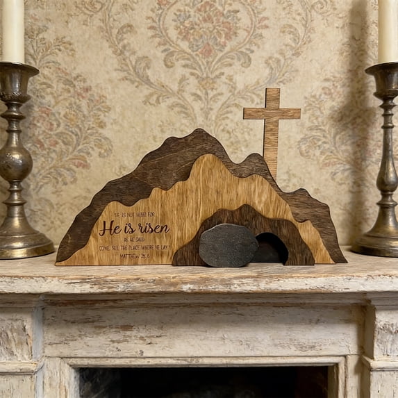 The Empty Tomb Easter Scene Wooden Decoration Set - Cross Themed Tabletop Figurine Set for Easter Celebration, Home Decor, Faith Display, Spring Ambiance and Festive Religious Accent, Brown