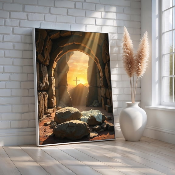 Empty Tomb Resurrection Wall Art Easter Christian Canvas Glorious Sunrise With Cross Faith-Inspired Home Decor Ready To Hang, Stretched Canvas Size 12x18