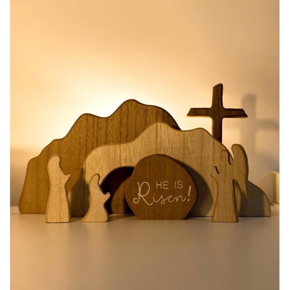 Empty Tomb Scene Spring Easter Decoration Jesus Birth And Resurrection Statue Set With Wooden Cross Suitable For Home Office Desk Shelves Cloak Decoration - Christian Catholic Religious Gift