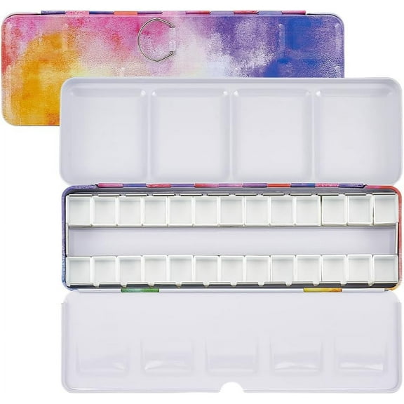 Empty Watercolor Paint Palette Travel Watercolor Palette Metal Paint Box with Folding Palette Colorful Watercolor Tray Palette with 26 Empty Half Pans for Travel Watercolor Palette