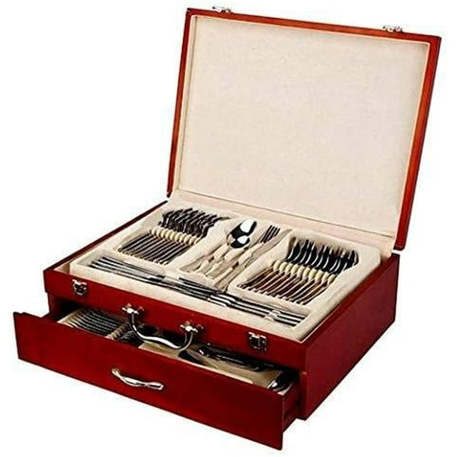 Empty Wooden Box With Drawer And Trays For Up To 75 Pieces Of Flatware