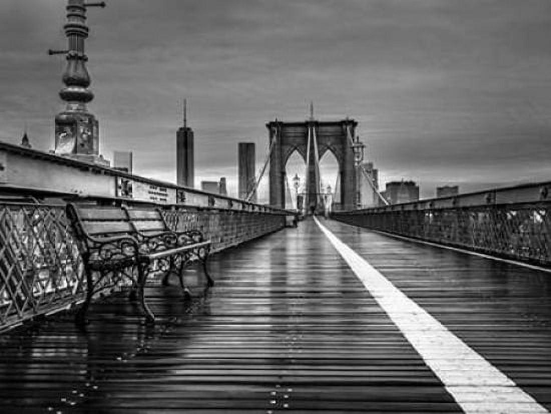 Empty bench on the pedestrian walkway of the Brooklyn Bridge New York Canvas Art - Assaf Frank (18 x 24)
