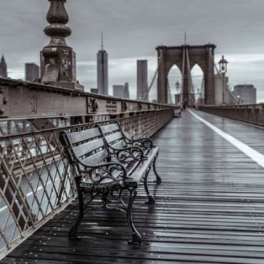 Empty bench on the pedestrian walkway of the Brooklyn Bridge New York Canvas Art - Assaf Frank (24 x 24)