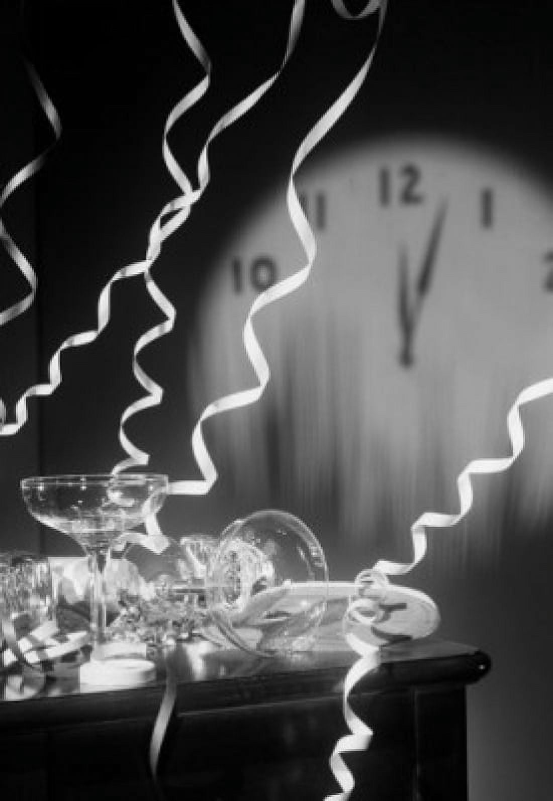 Empty champagne flutes with streamers and clock face showing five past midnight Canvas Art - (18 x 24)