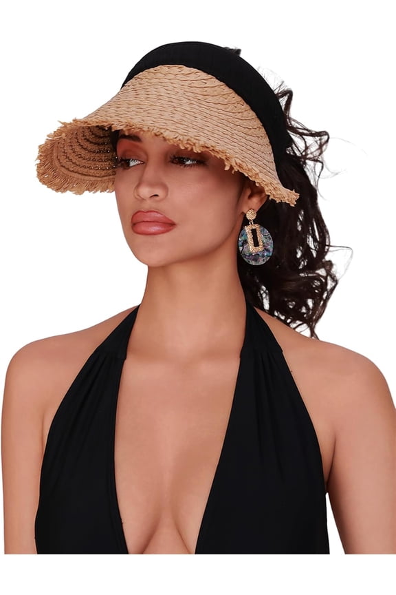 Empty top Straw hat Womens Sun Visor Hat Straw Sun Visors for Women Summer Packable Ponytail Beach Hats for Women Travel